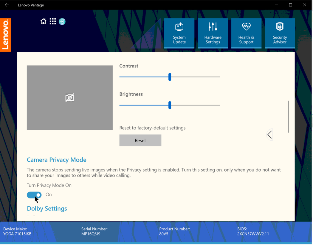 lenovo vantage camera settings